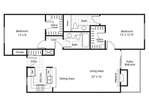 Floor plan for 2 beds, 2 baths, 986 sqft